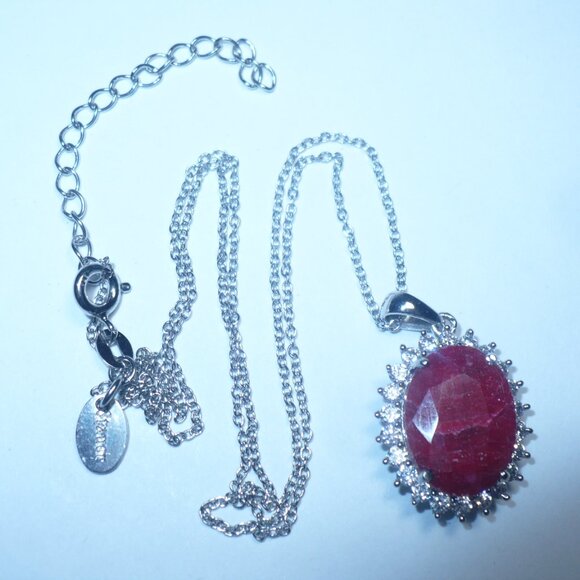 Vintage STAUER Oval Natural Ruby accented CZ's  Sterling Silver Pendant Necklace - Picture 2 of 7